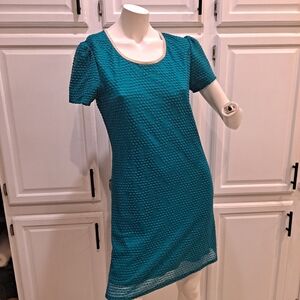 Myan Teal Short Puff Sleeve Mini Eyelet Lace Dress Gold Thread Trim Neckline